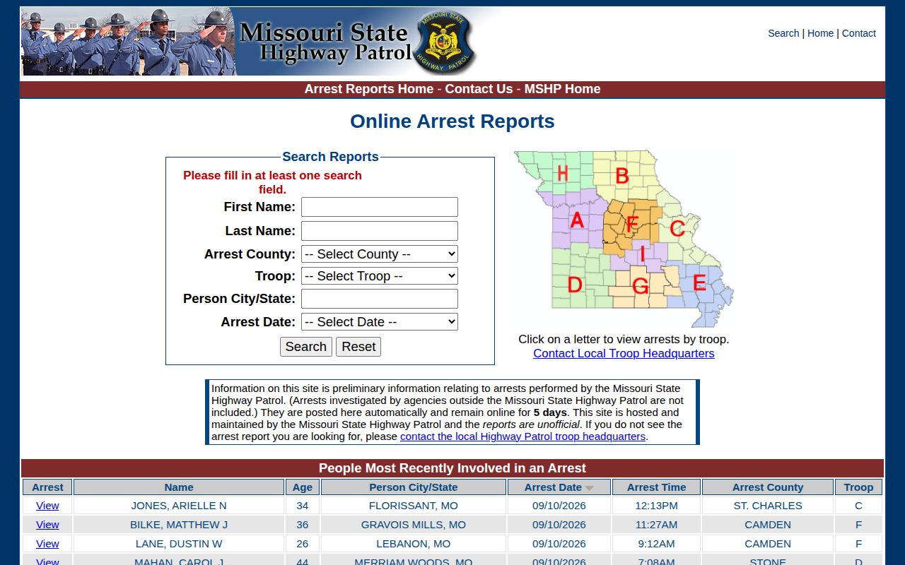 Missouri State Highway Patrol arrest report search for Macon County