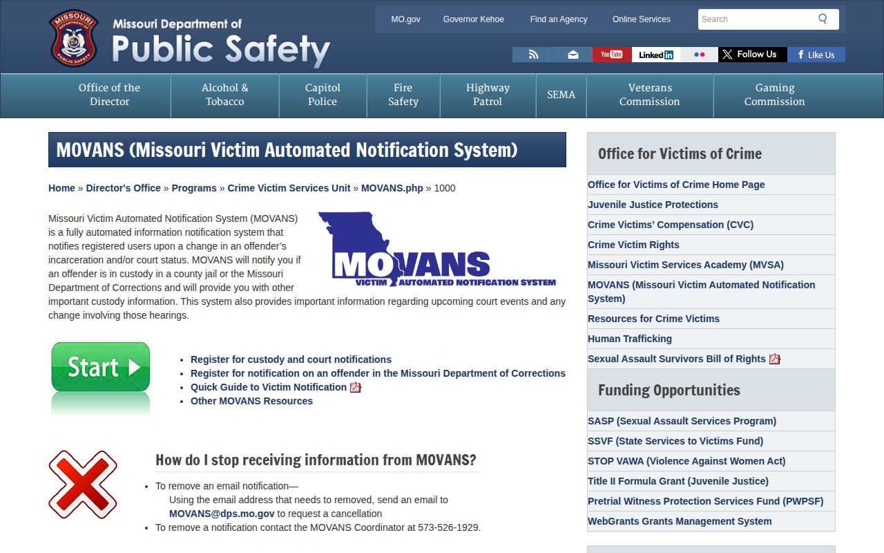 Missouri MOVANS program page for Macon County custody and court alerts