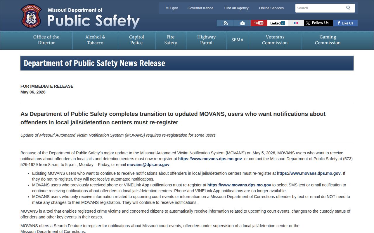 Missouri DPS notice about the 2026 MOVANS local jail alert change
