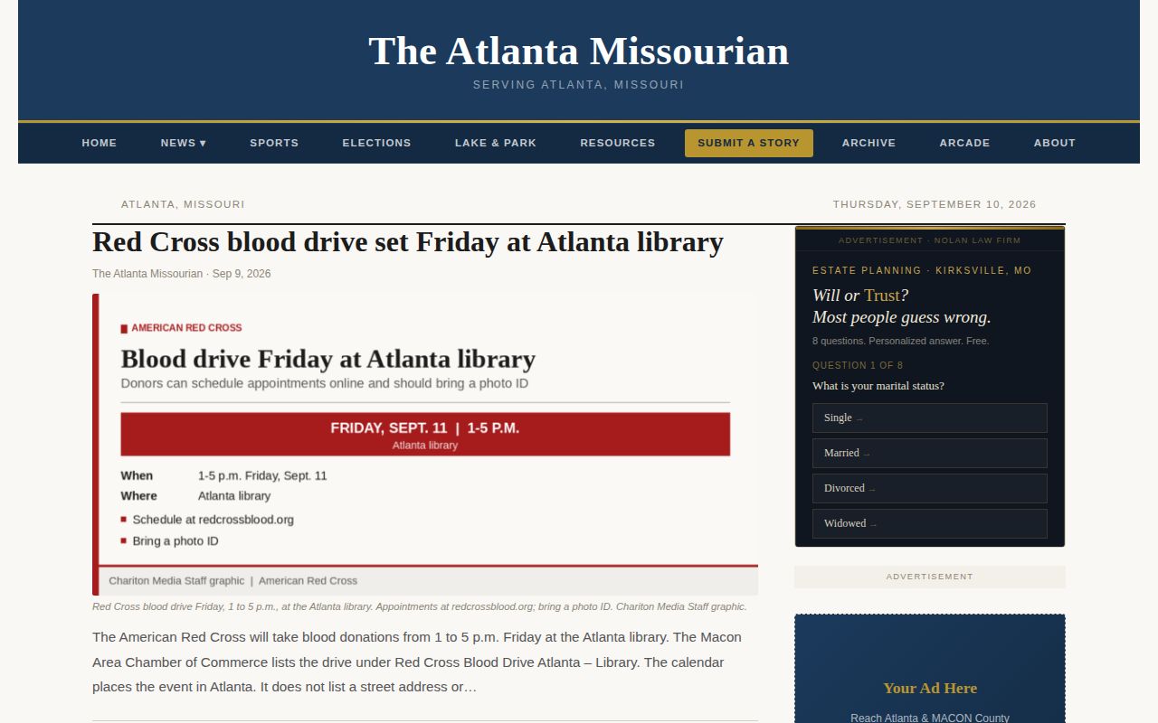 Atlanta Missourian regional news page serving the Macon County area